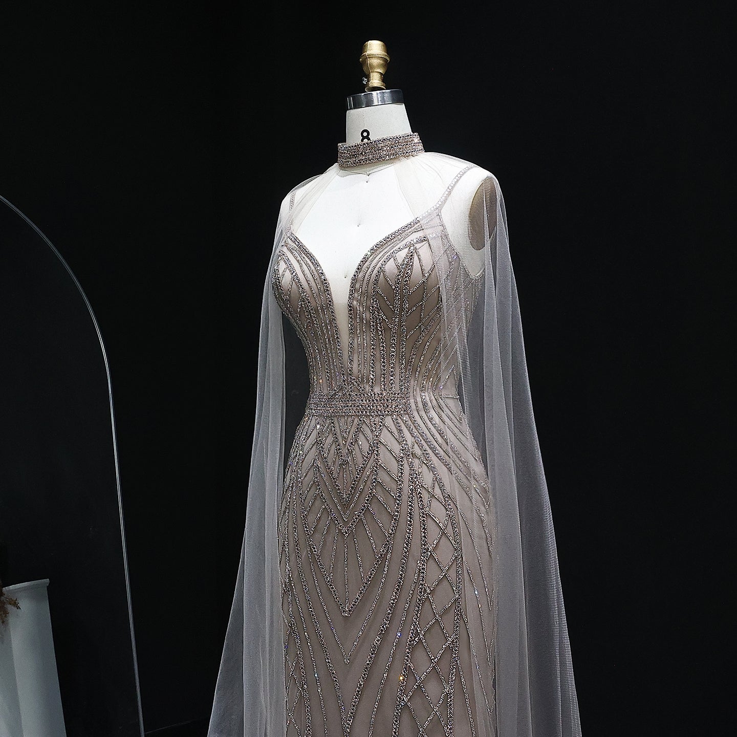 Sparkle Crystal Blue Mermaid Evening Dress with Cape Sleeves SS043