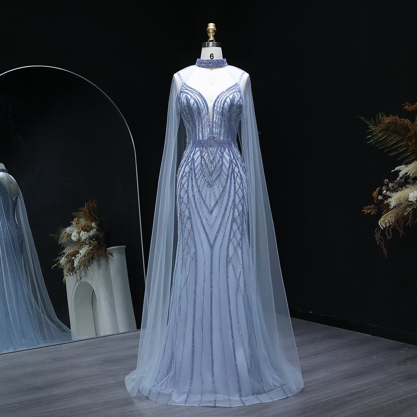 Sparkle Crystal Blue Mermaid Evening Dress with Cape Sleeves SS043  Blue / US 18