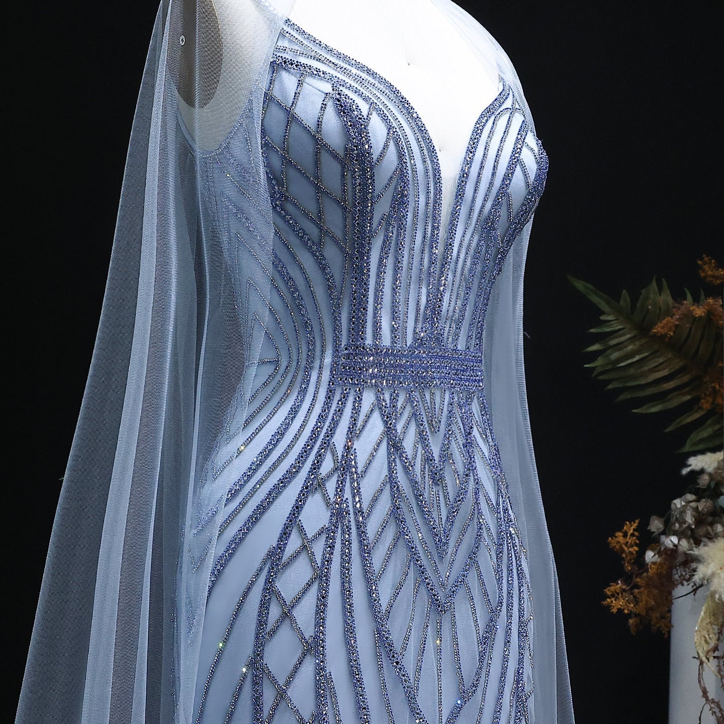 Sparkle Crystal Blue Mermaid Evening Dress with Cape Sleeves SS043