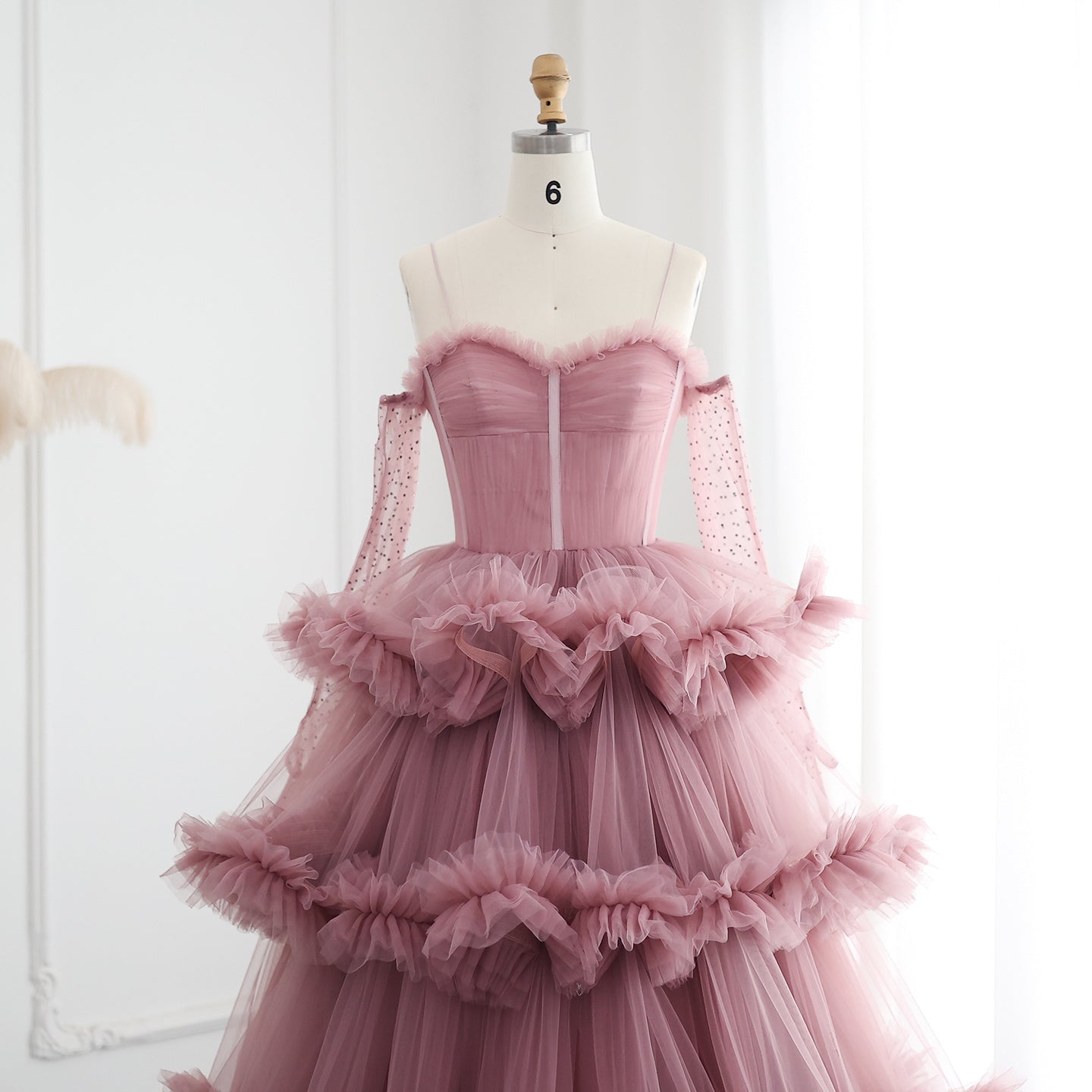 Burgundy Tulle Tiered Ruffles Evening Dresses with Gloves SS309