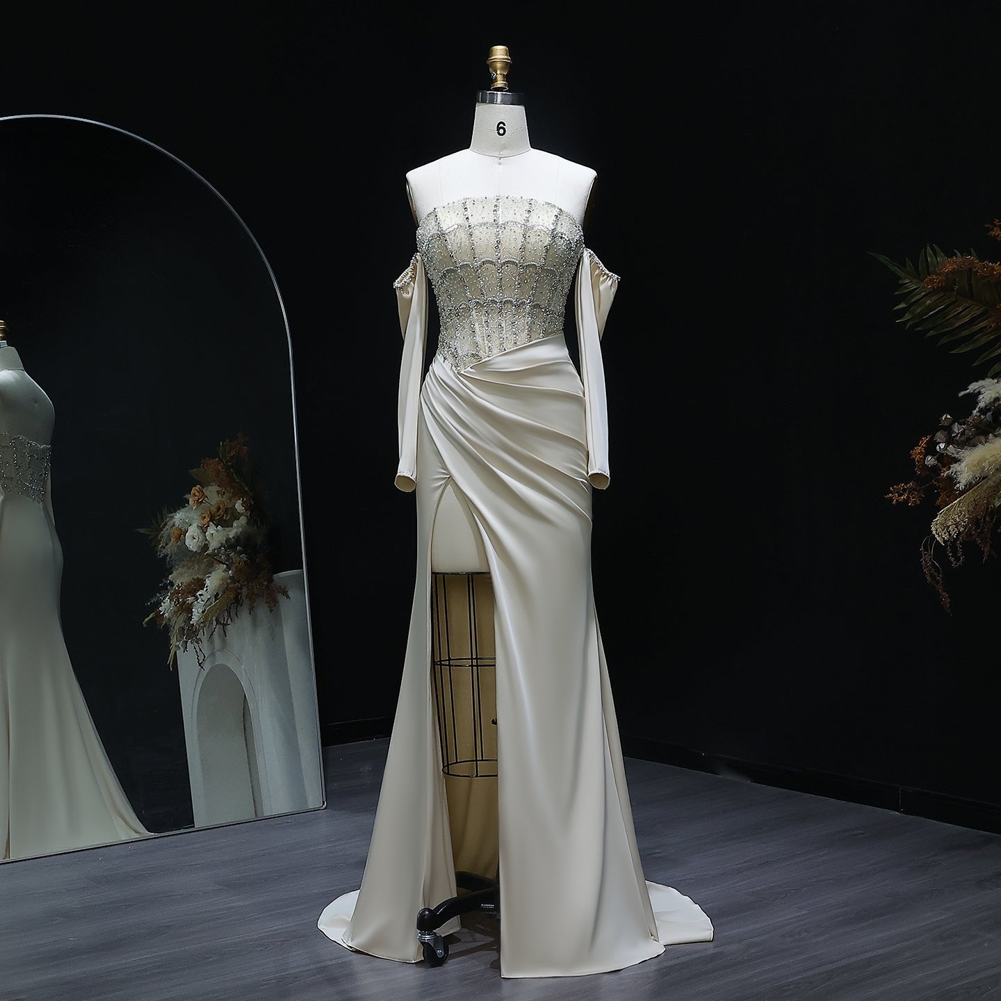 Luxury White Scalloped Evening Dress with High Slit SS416  Beige / US 16