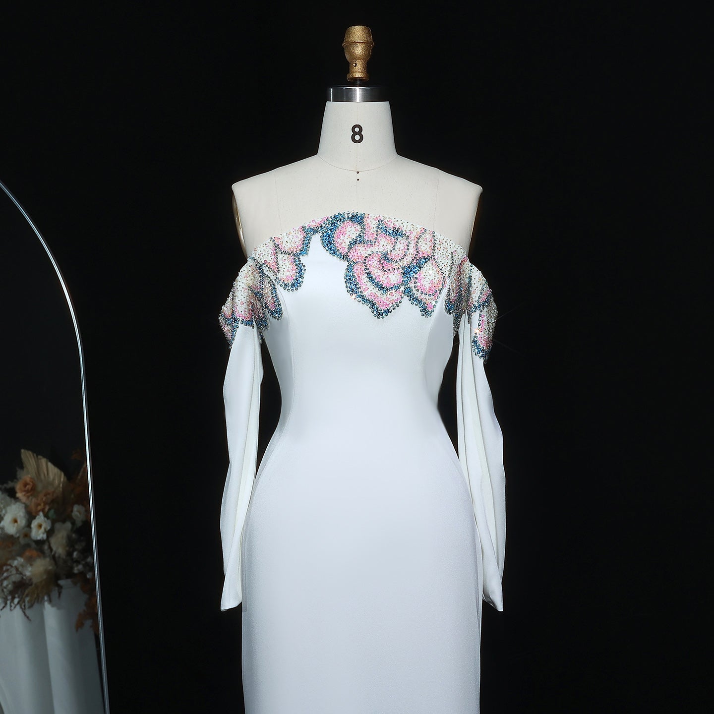 Elegant Beaded Off Shoulder White Evening Dress SS512