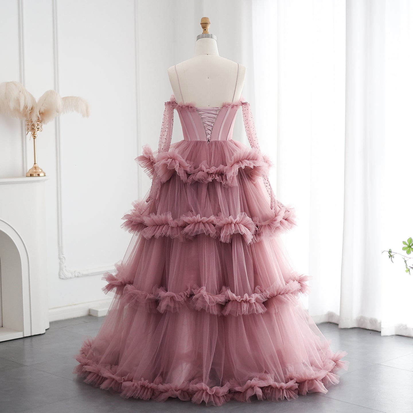 Burgundy Tulle Tiered Ruffles Evening Dresses with Gloves SS309