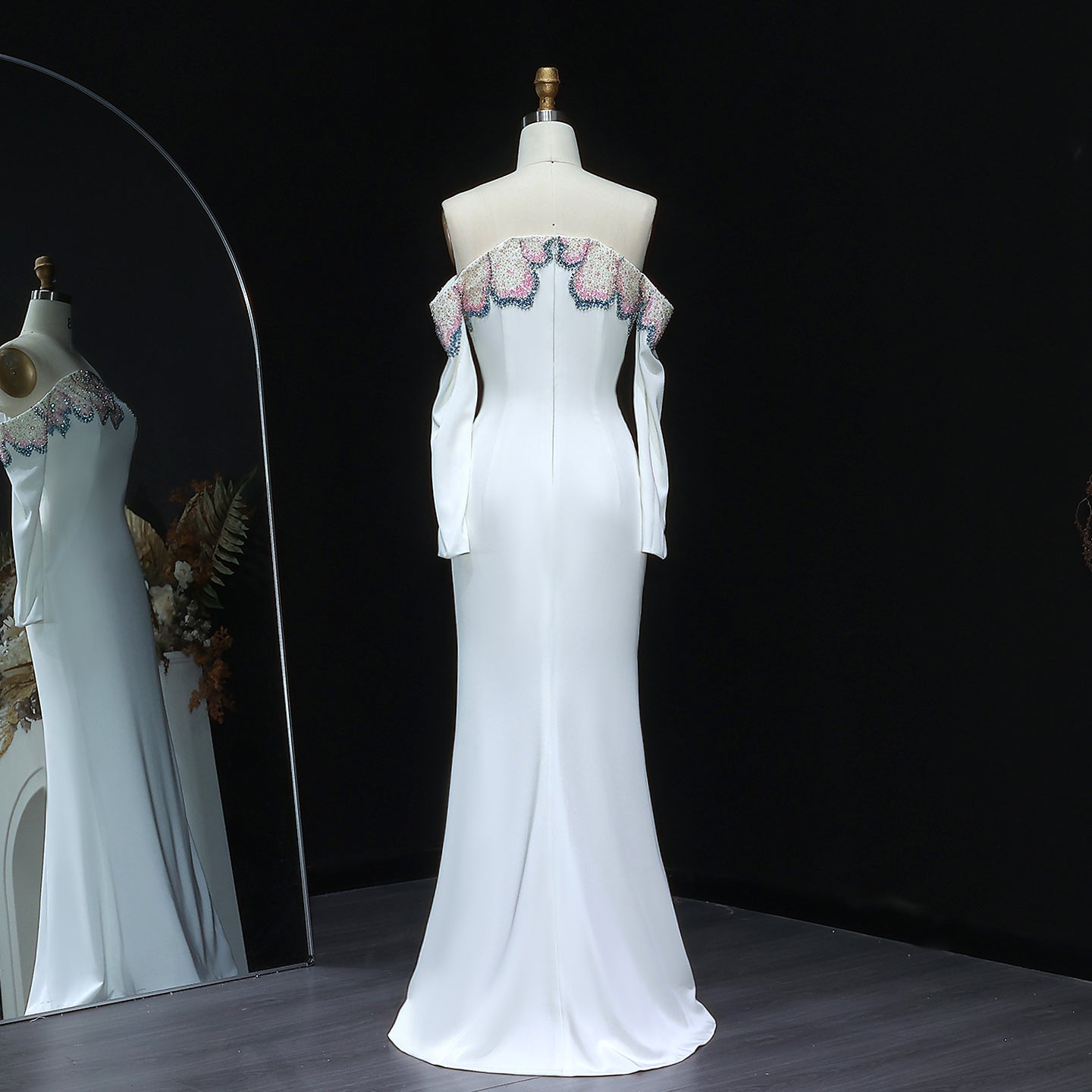 Elegant Beaded Off Shoulder White Evening Dress SS512