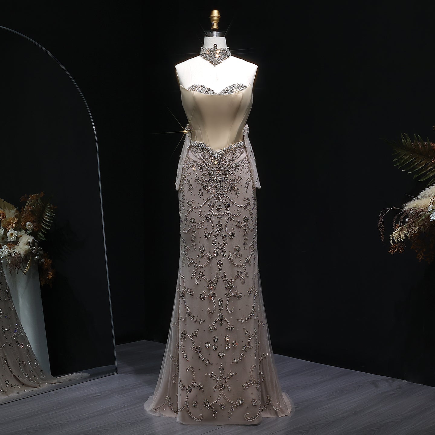 Luxury Beaded Mermaid Evening Dress with Scarf and Gloves SS069