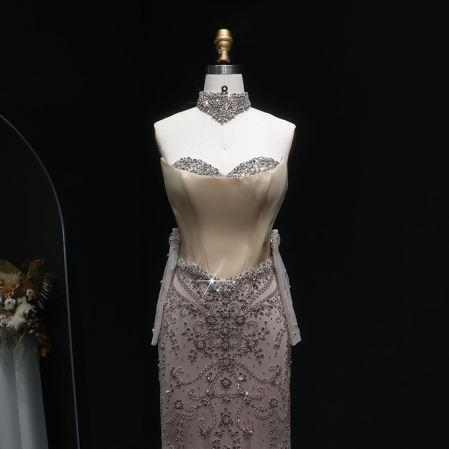 Luxury Beaded Mermaid Evening Dress with Scarf and Gloves SS069