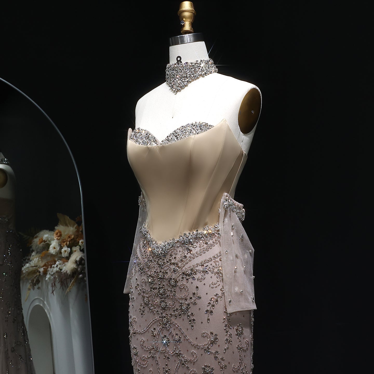 Luxury Beaded Mermaid Evening Dress with Scarf and Gloves SS069