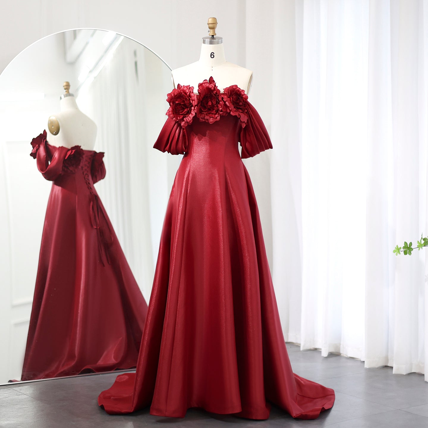 Elegant Burgundy 3D Flowers Off Shoulder Evening Dress SF489  Burgundy / US 16