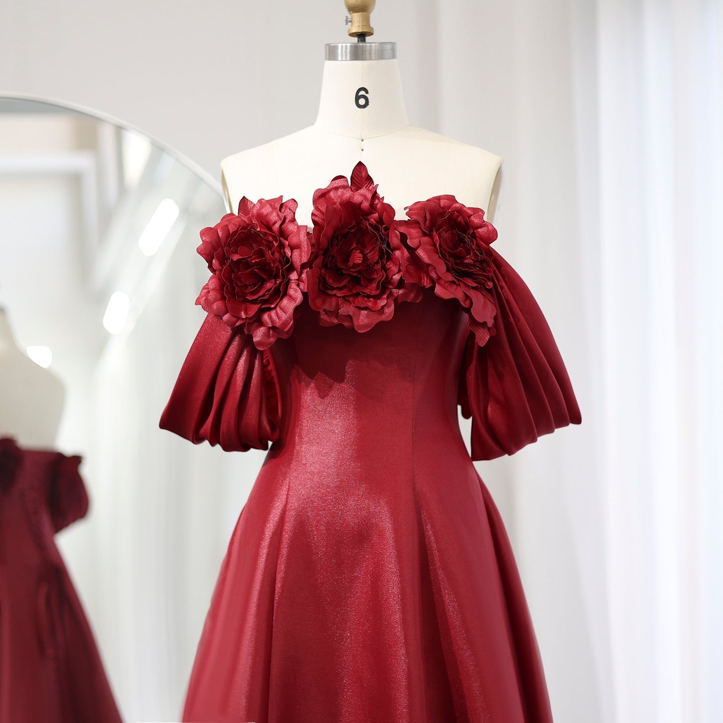 Elegant Burgundy 3D Flowers Off Shoulder Evening Dress SF489