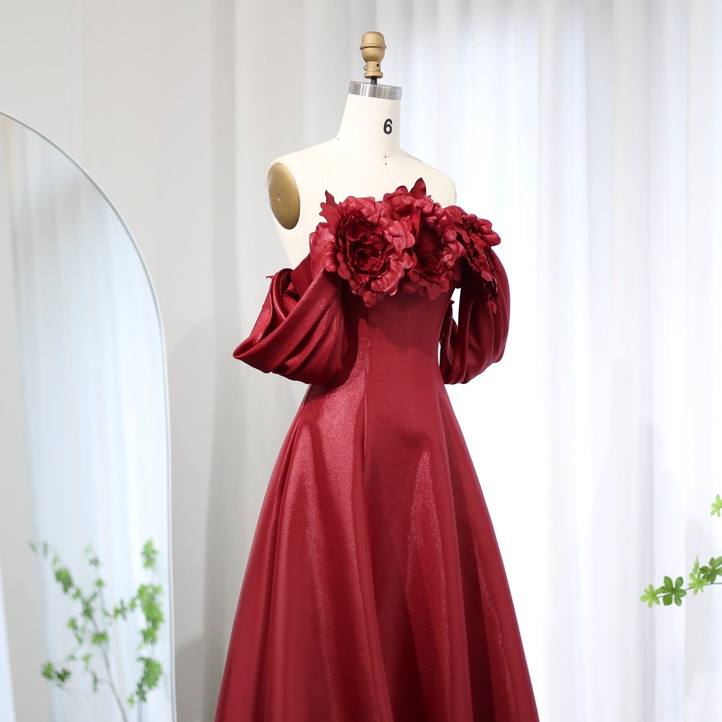 Elegant Burgundy 3D Flowers Off Shoulder Evening Dress SF489