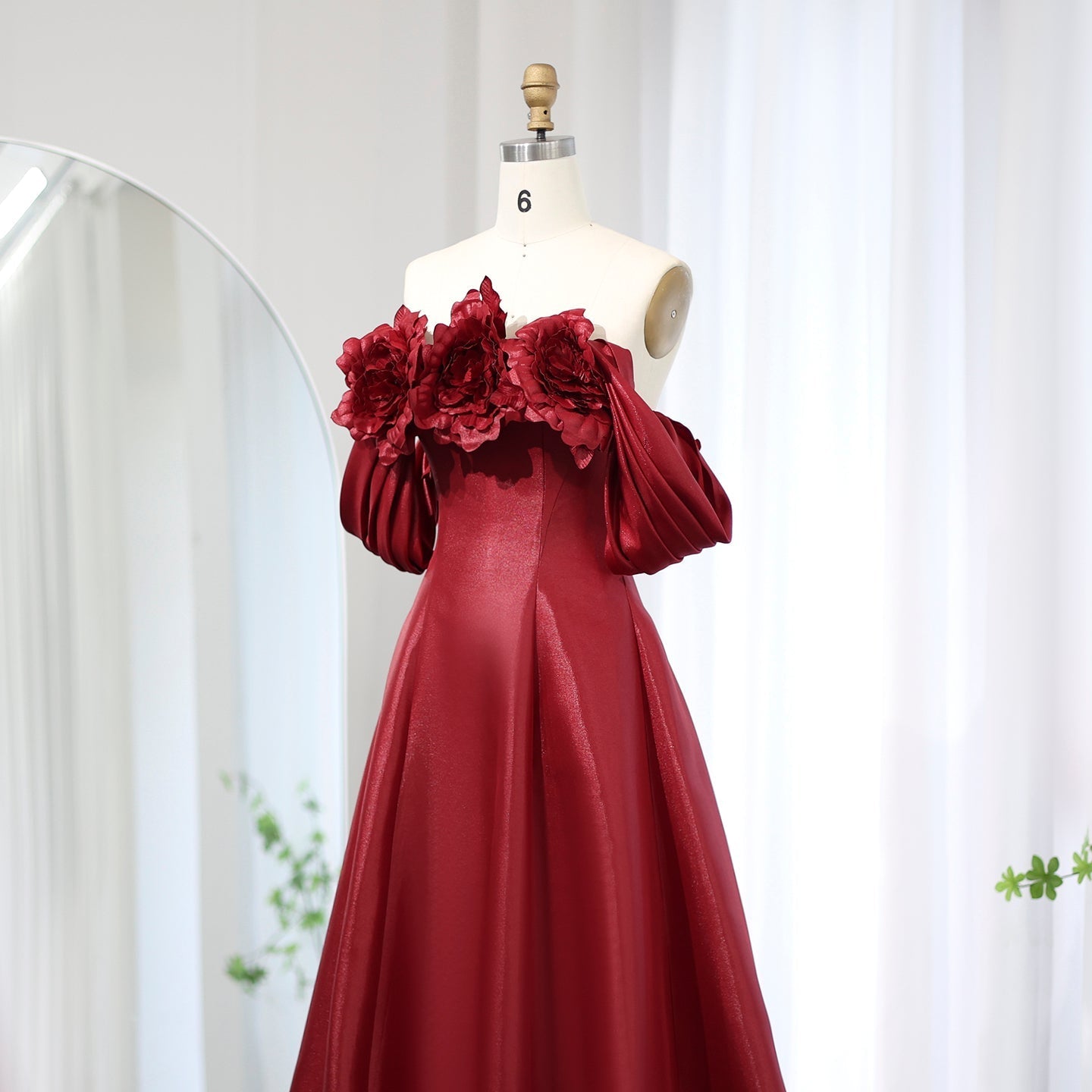 Elegant Burgundy 3D Flowers Off Shoulder Evening Dress SF489