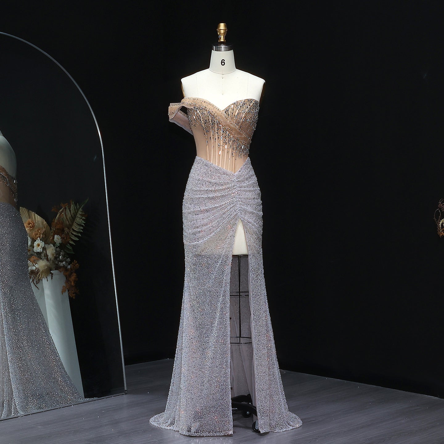 Luxury Crystal Beaded Silver Evening Dress with Slit SS563