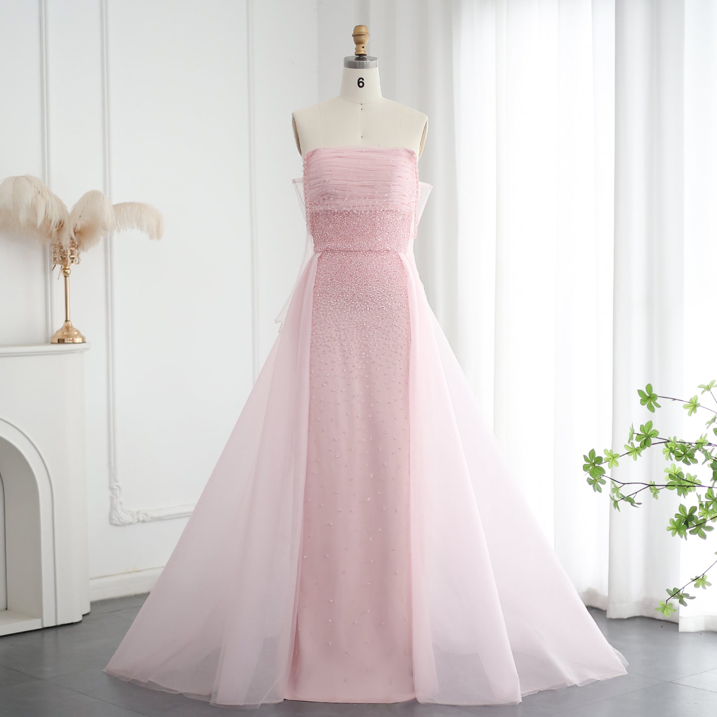 Luxury Beaded Pink Evening Dress with Overskirt Gloves SS429