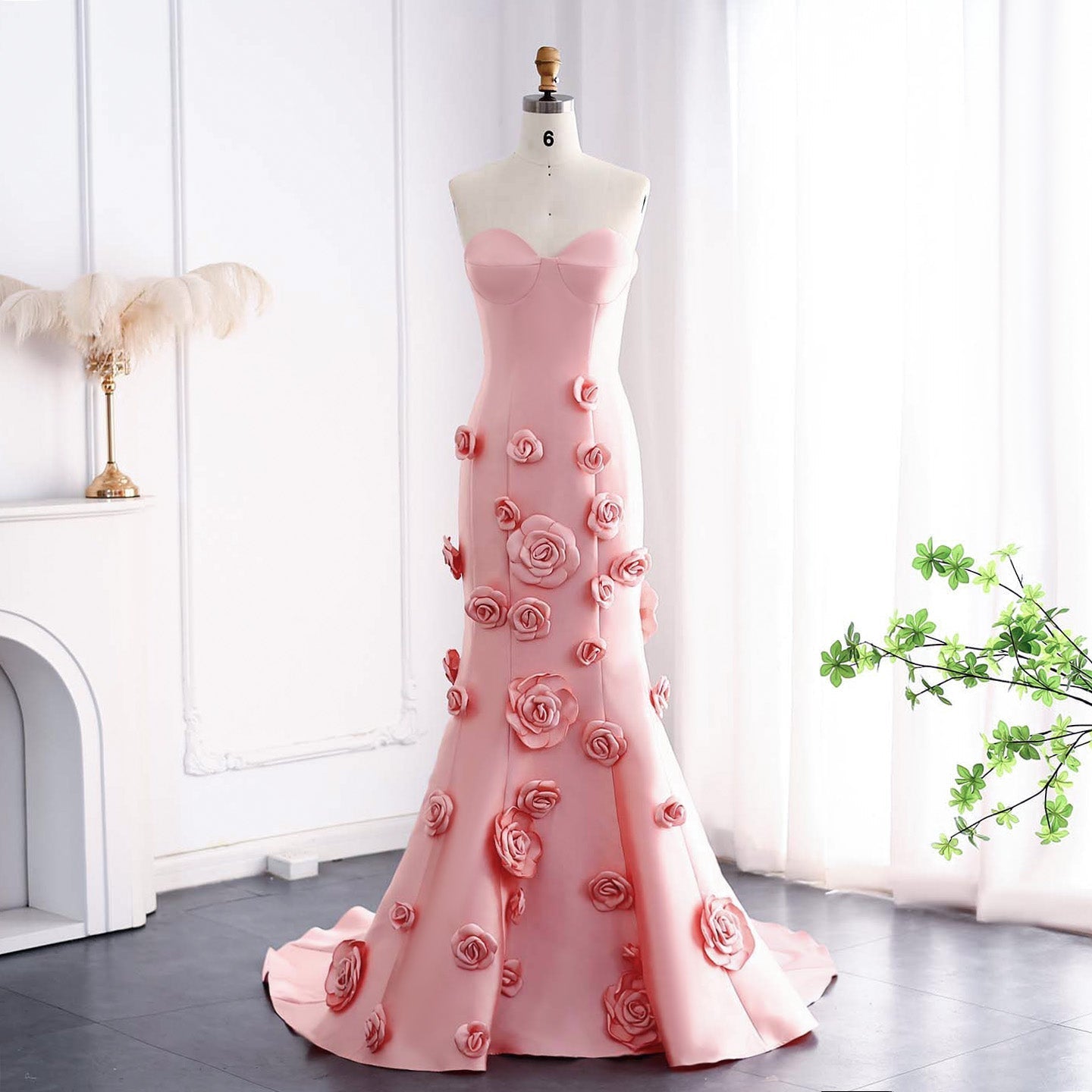 Elegant Pink 3D Flowers Strapless Evening Dress SF025