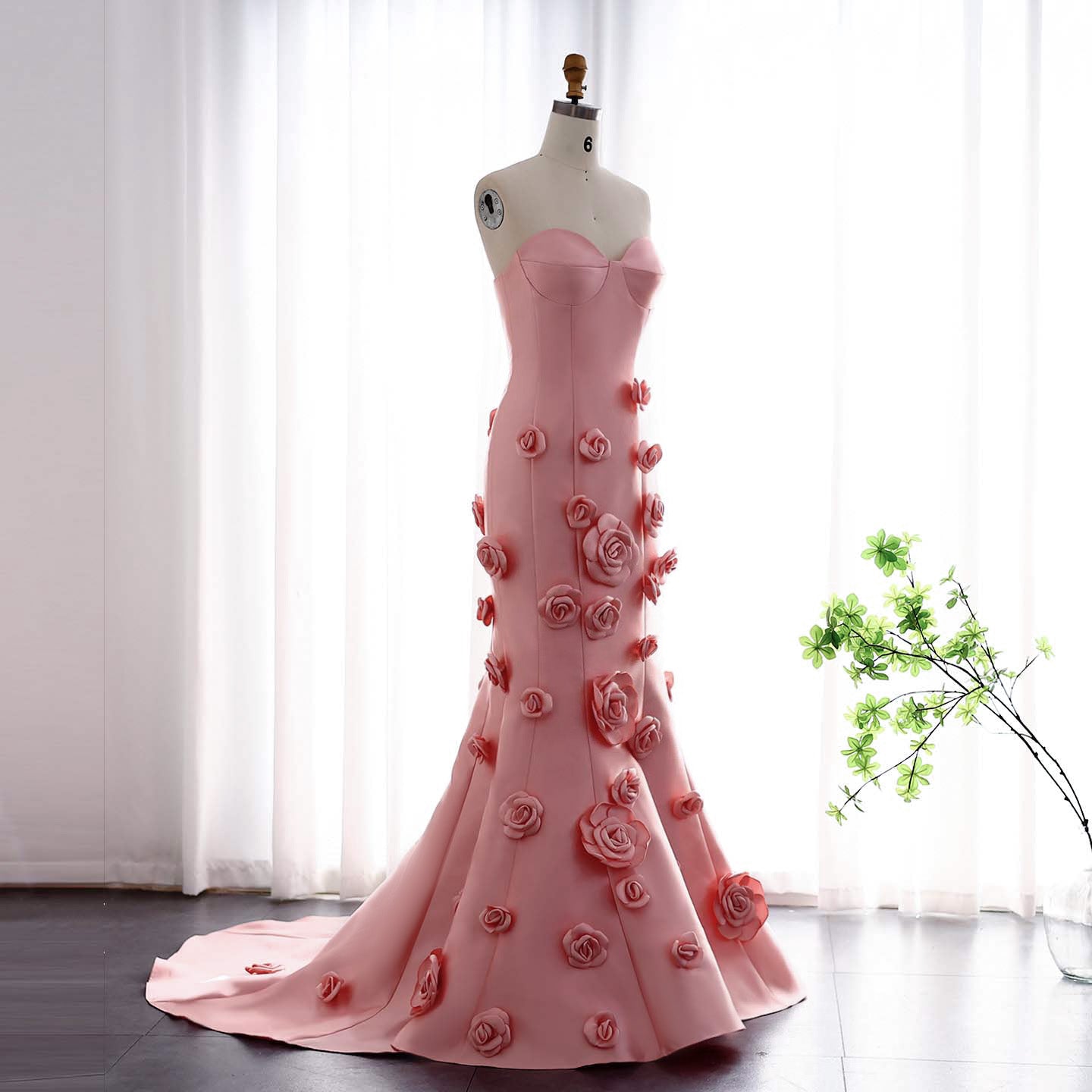Elegant Pink 3D Flowers Strapless Evening Dress SF025