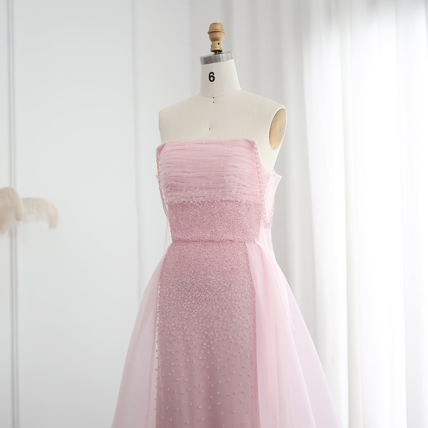 Luxury Beaded Pink Evening Dress with Overskirt Gloves SS429