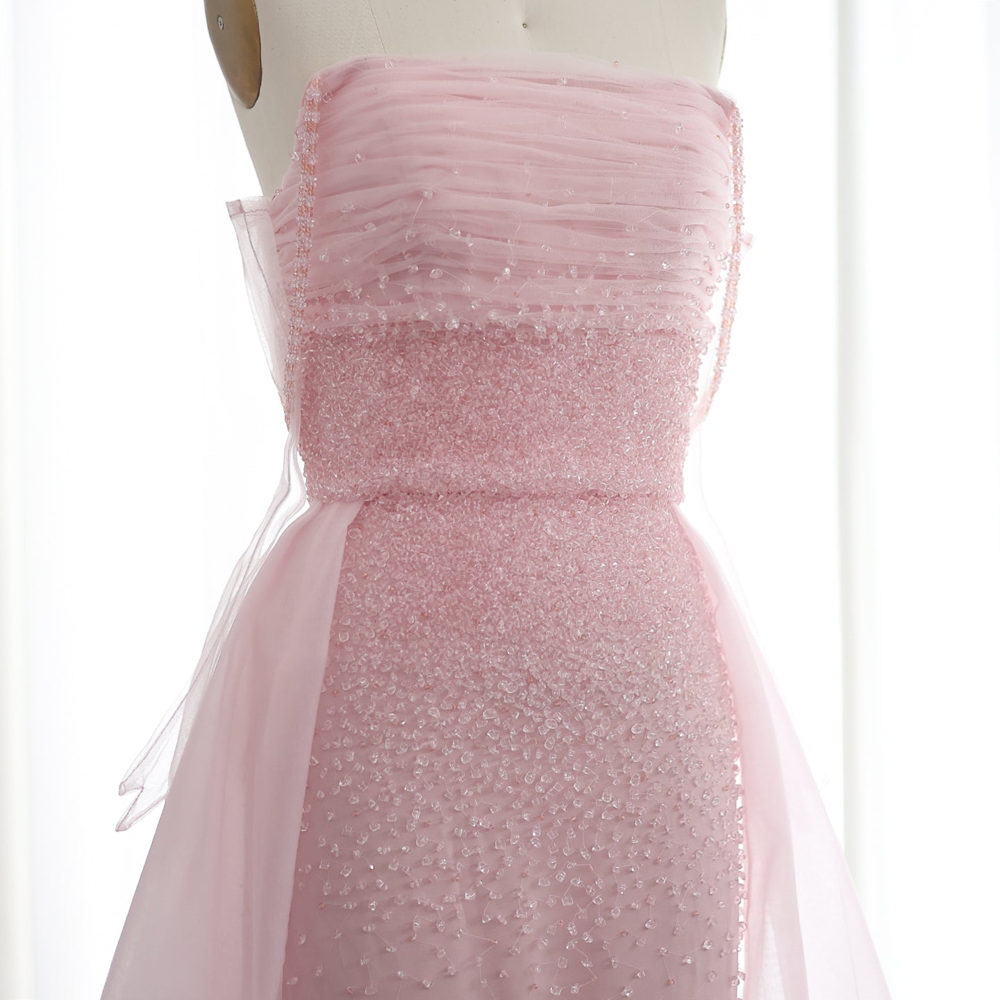 Luxury Beaded Pink Evening Dress with Overskirt Gloves SS429