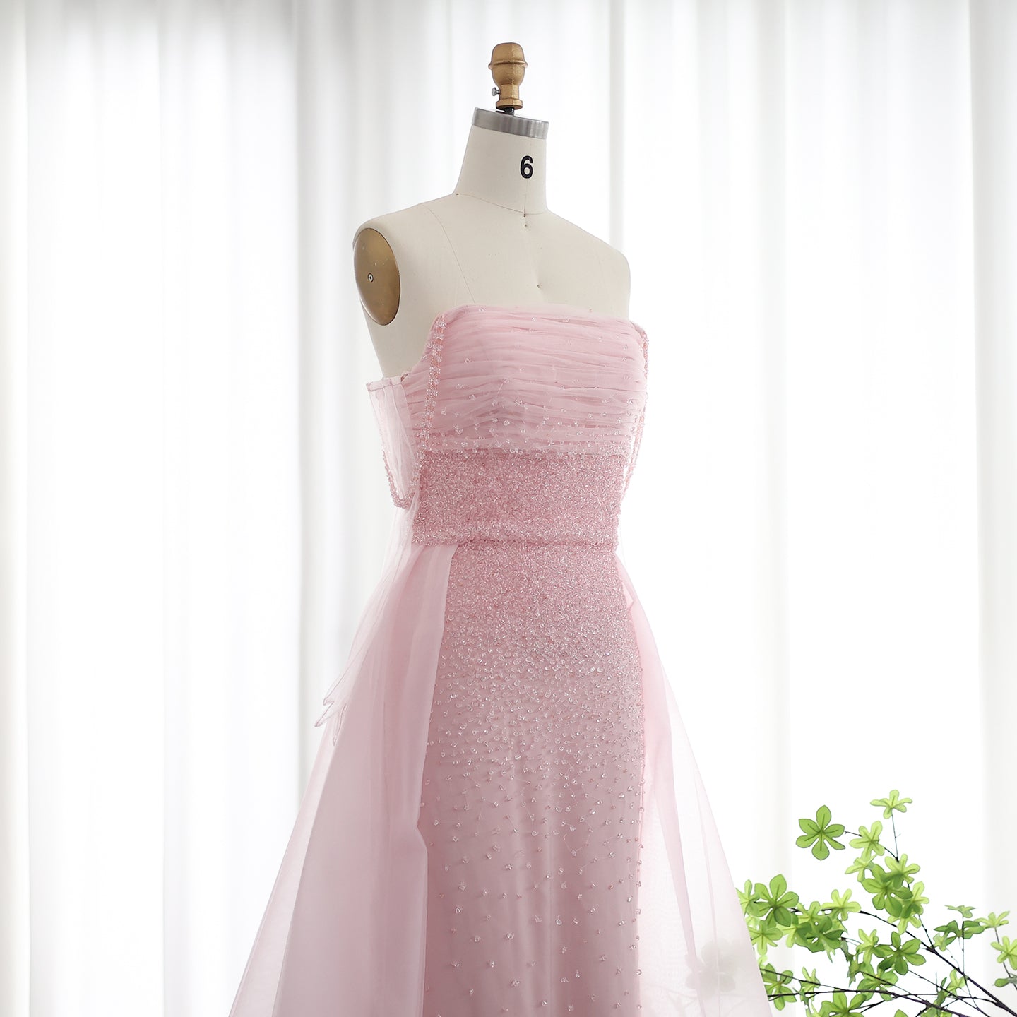 Luxury Beaded Pink Evening Dress with Overskirt Gloves SS429