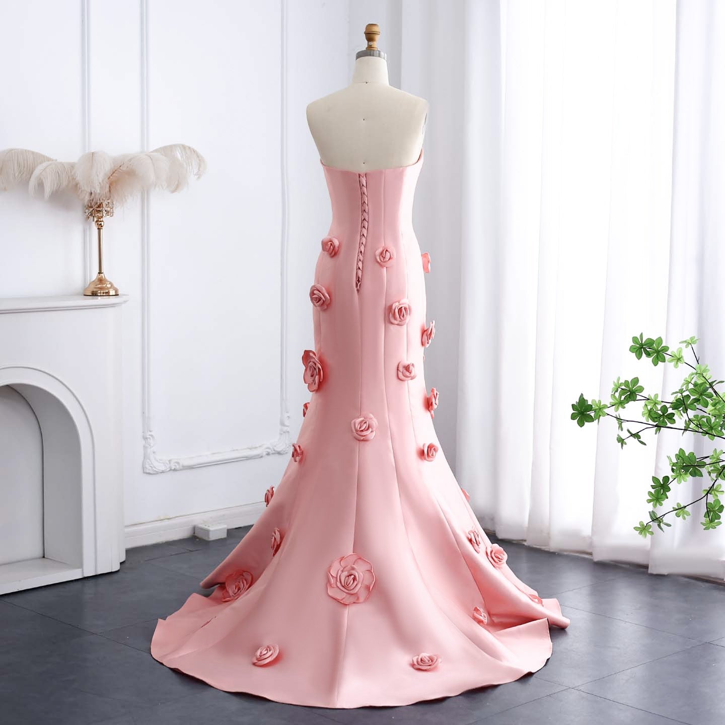 Elegant Pink 3D Flowers Strapless Evening Dress SF025