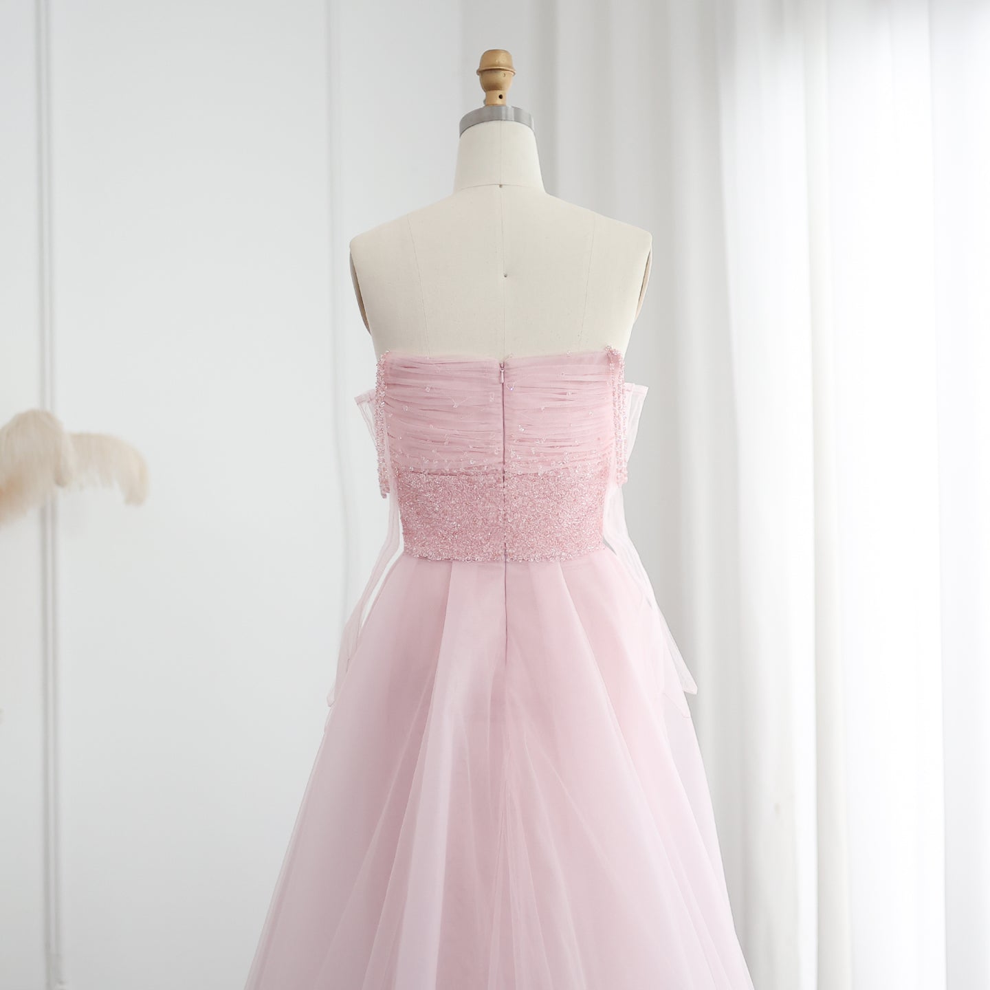 Luxury Beaded Pink Evening Dress with Overskirt Gloves SS429