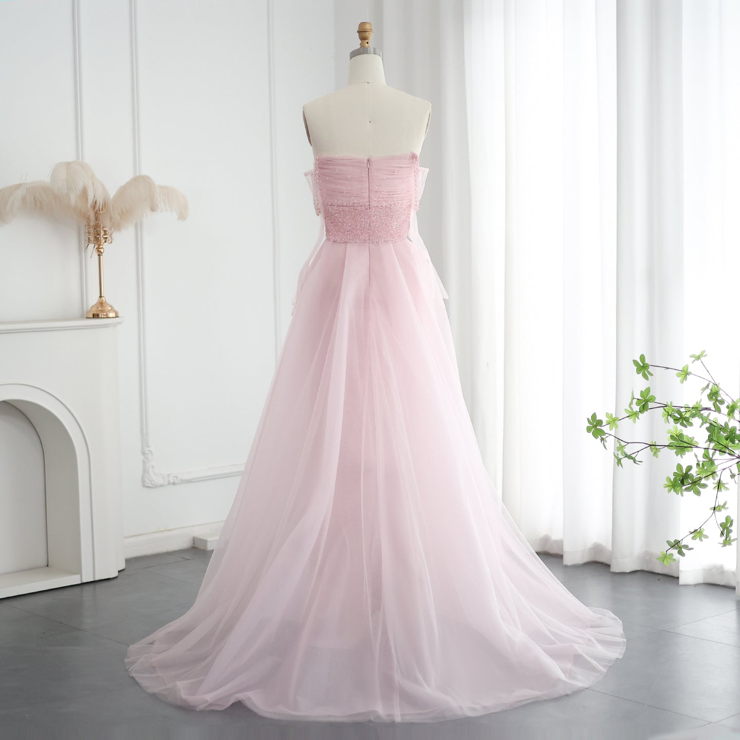 Luxury Beaded Pink Evening Dress with Overskirt Gloves SS429