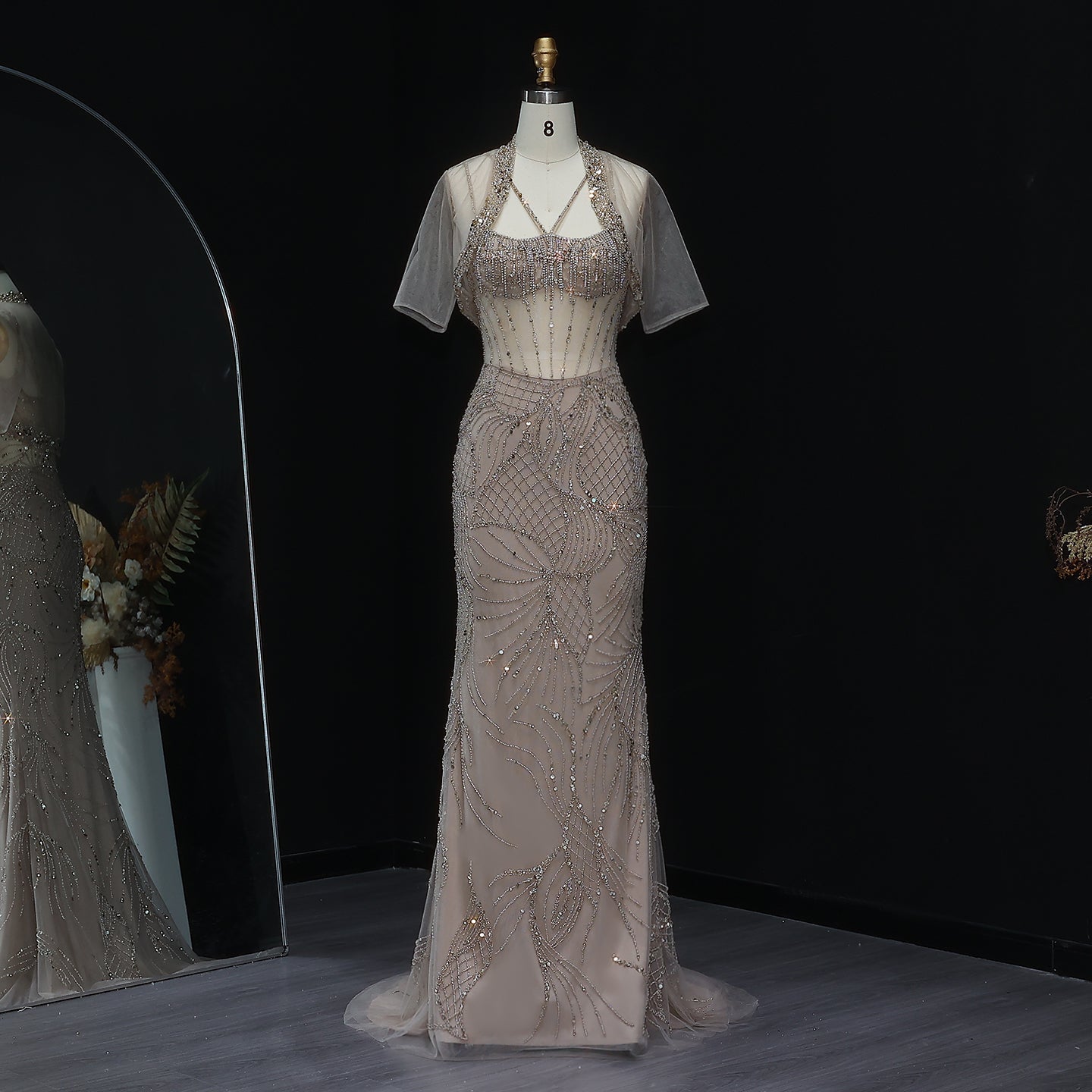 Luxury Beaded  Light Blue Mermaid Evening Dress with Jacket SS192  Champagne / US 18