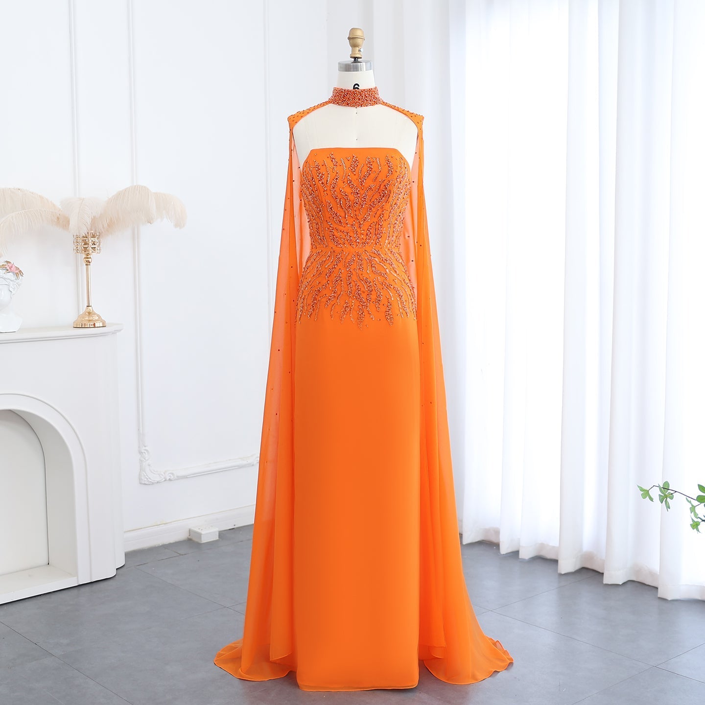 Luxury Orange Strapless Evening Dress with Cape Sleeves SS299  Orange / US 16
