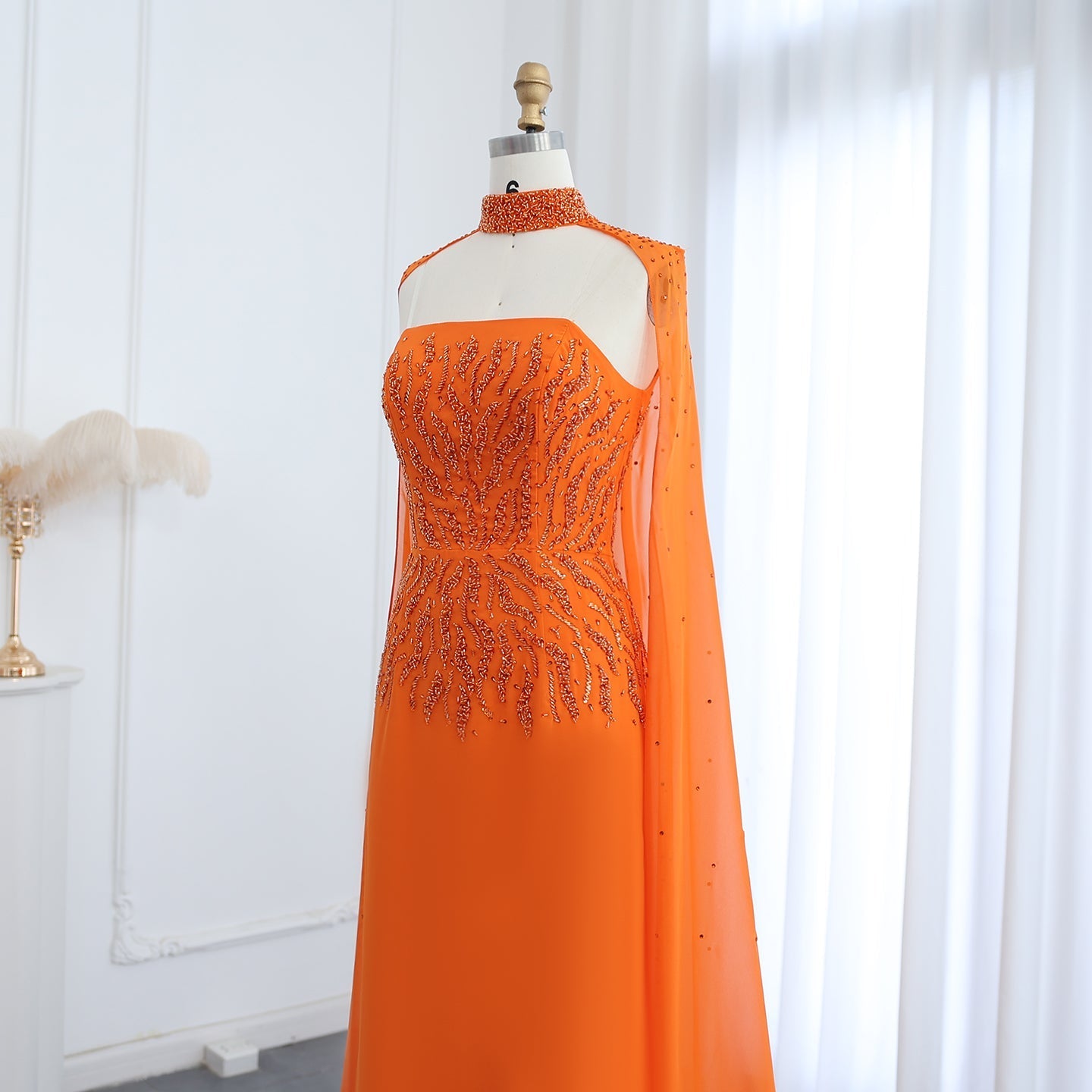 Luxury Orange Strapless Evening Dress with Cape Sleeves SS299
