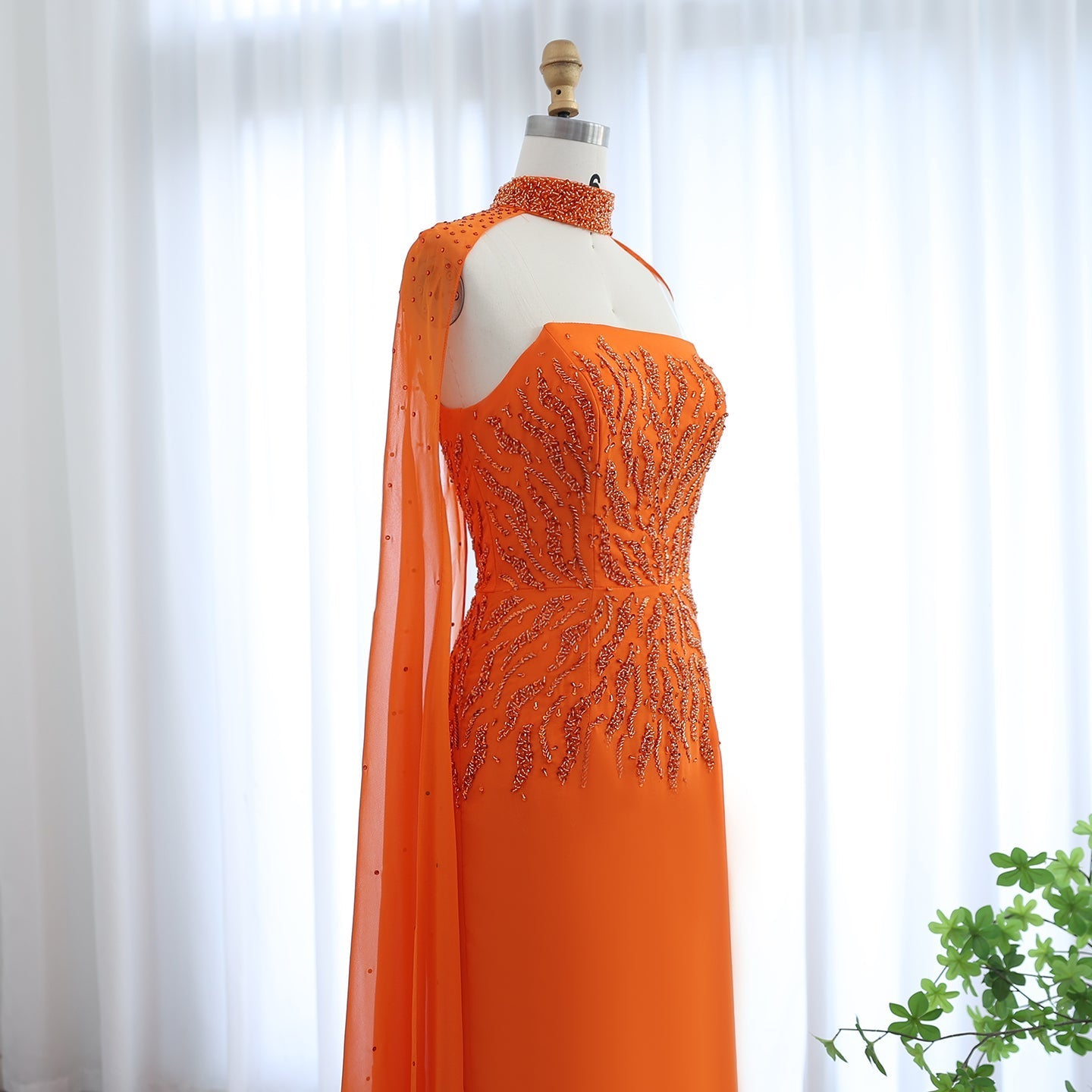 Luxury Orange Strapless Evening Dress with Cape Sleeves SS299