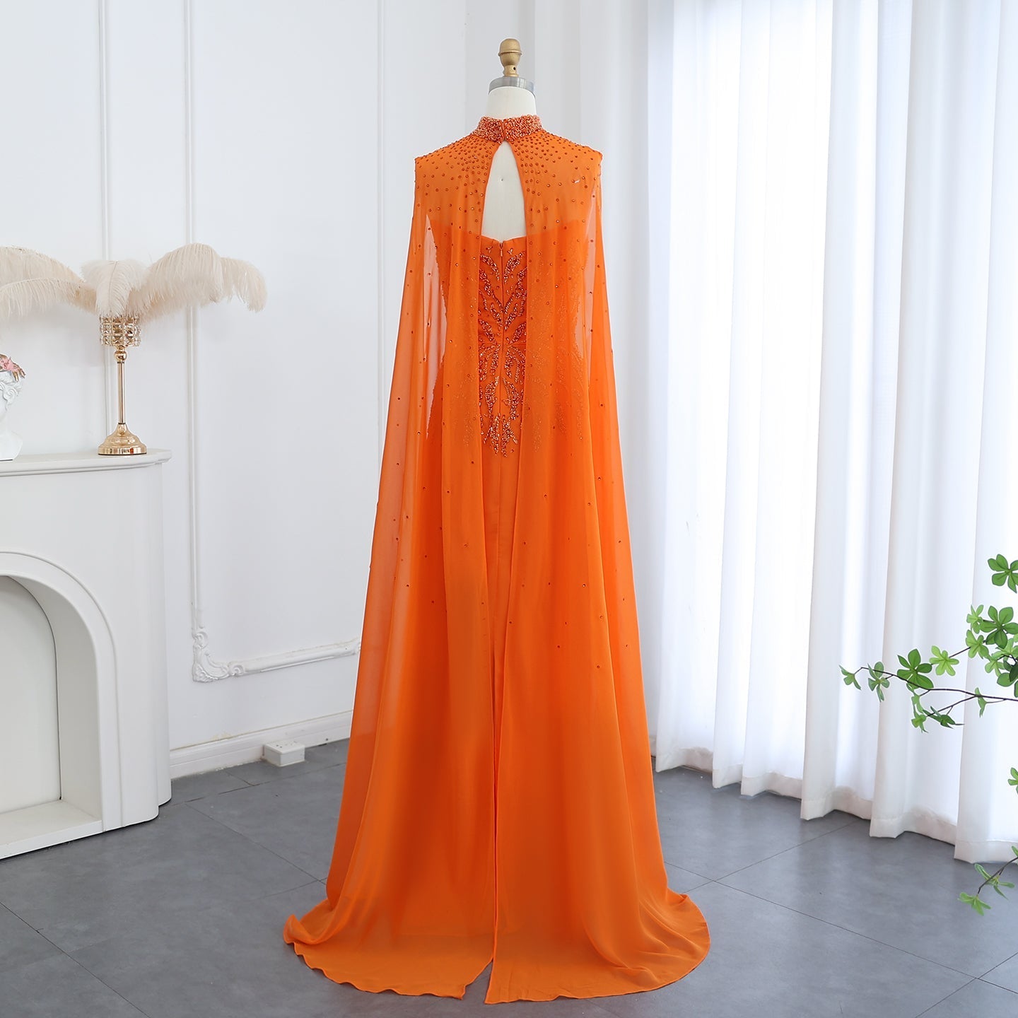Luxury Orange Strapless Evening Dress with Cape Sleeves SS299