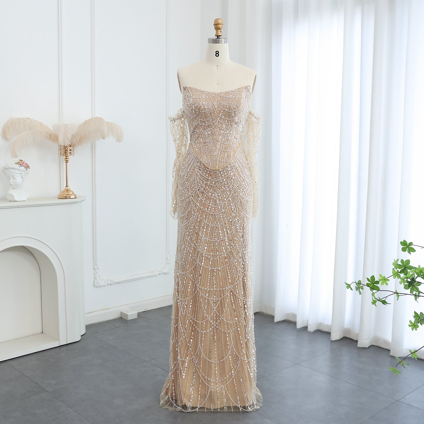 Luxury Beaded Black Strapless Evening Dress with Sleeves SS685  Champagne / US 16