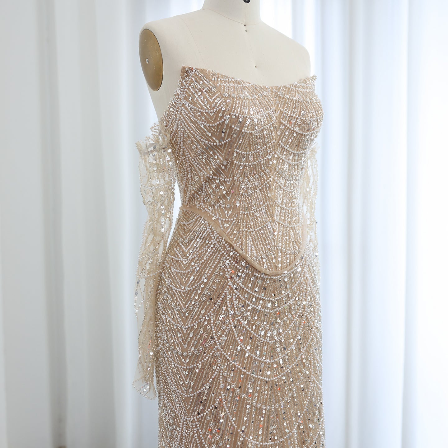 Luxury Beaded Black Strapless Evening Dress with Sleeves SS685