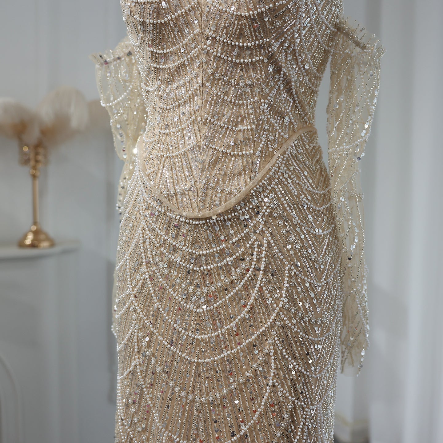 Luxury Beaded Black Strapless Evening Dress with Sleeves SS685