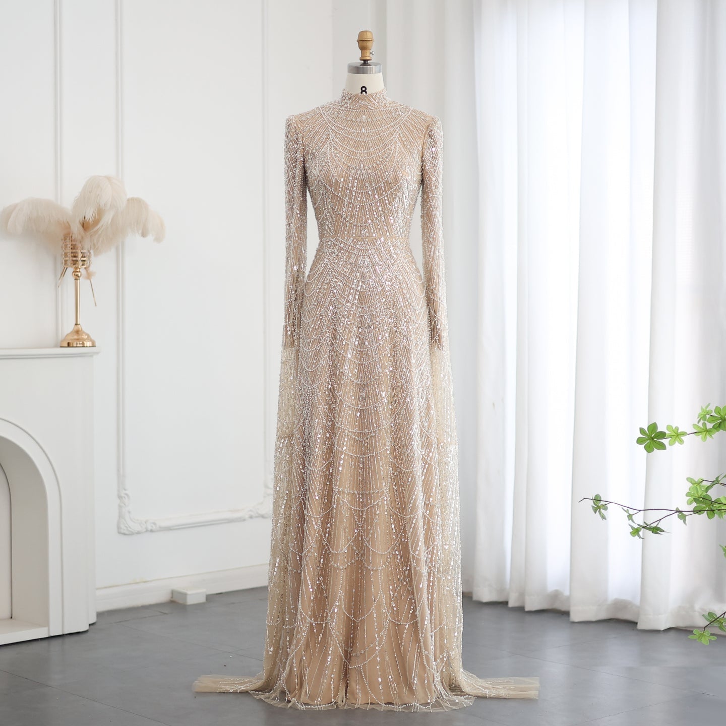 Luxury Sage Green Evening Dress with Cape Sleeves SS630  Champange / US 20