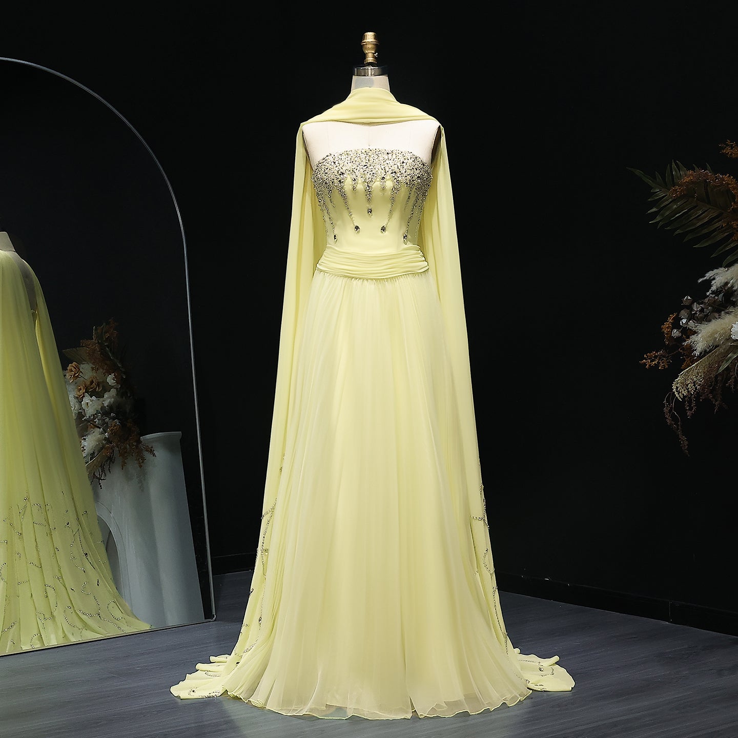 Graceful Crystal Yellow Strapless Evening Dress with Scarf XD-009  Yellow / V16