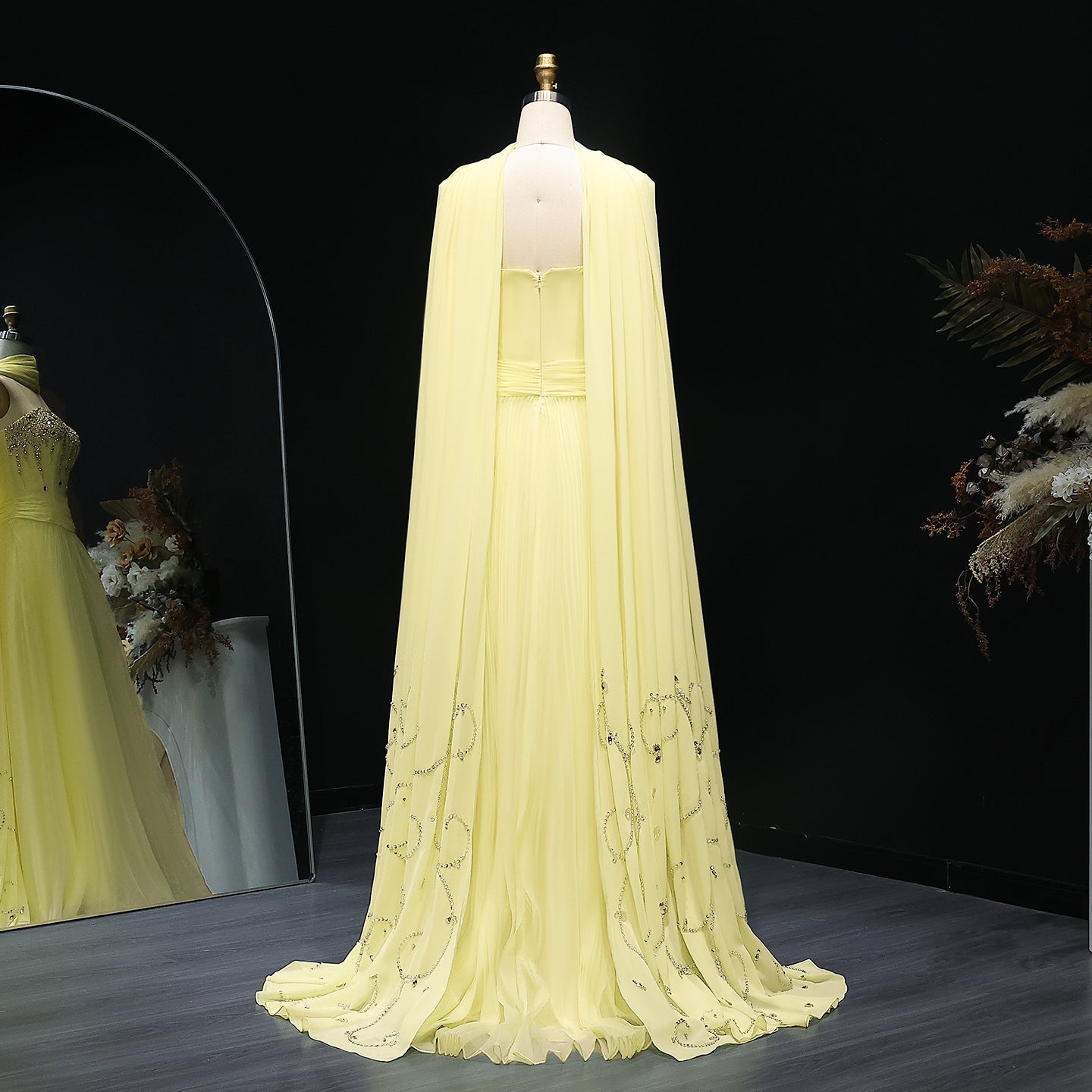 Graceful Crystal Yellow Strapless Evening Dress with Scarf XD-009