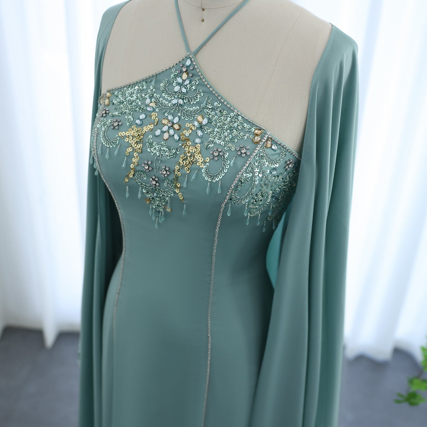 Luxury Sage Green Halter Evening Dress with Cape SS301