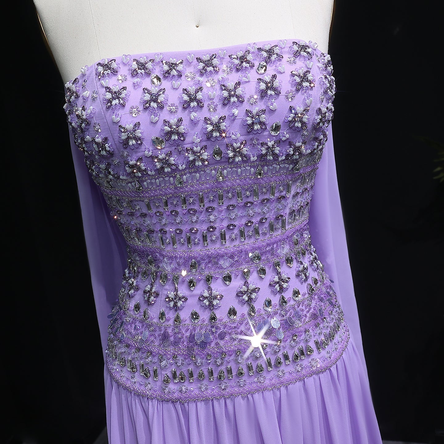 Strapless Lilac Beaded Bodice Evening Dress with Flowing Skirt SS539