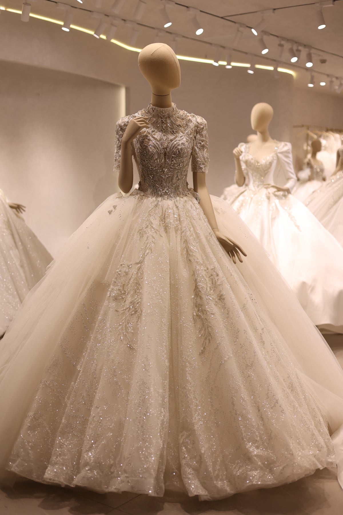 Luxury High Neck Crystal Ball Gown Wedding Dress RS039