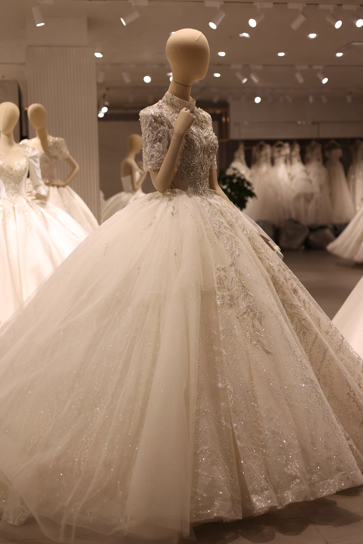 Luxury High Neck Crystal Ball Gown Wedding Dress RS039