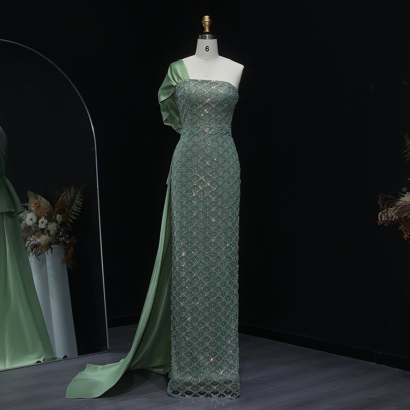 Sage Green One Shoulder Sheath Arabic Evening Dress SF047  Green / US 20