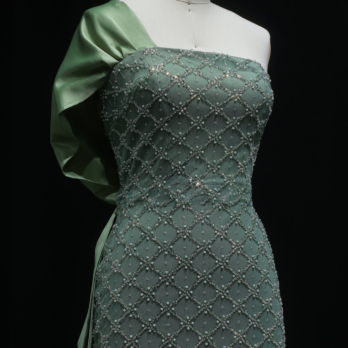 Elegant Green Beaded One Shoulder Evening Dress with Overskirt SS626