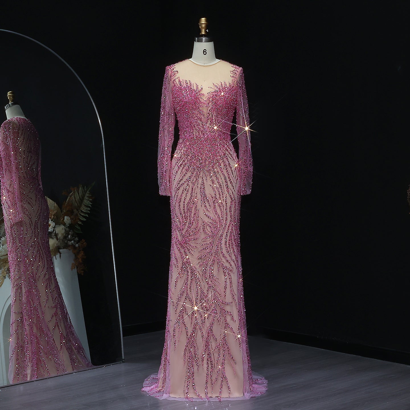 Luxury White Nude Long Sleeves Mermaid Evening Dress SS684  Pink / US 16