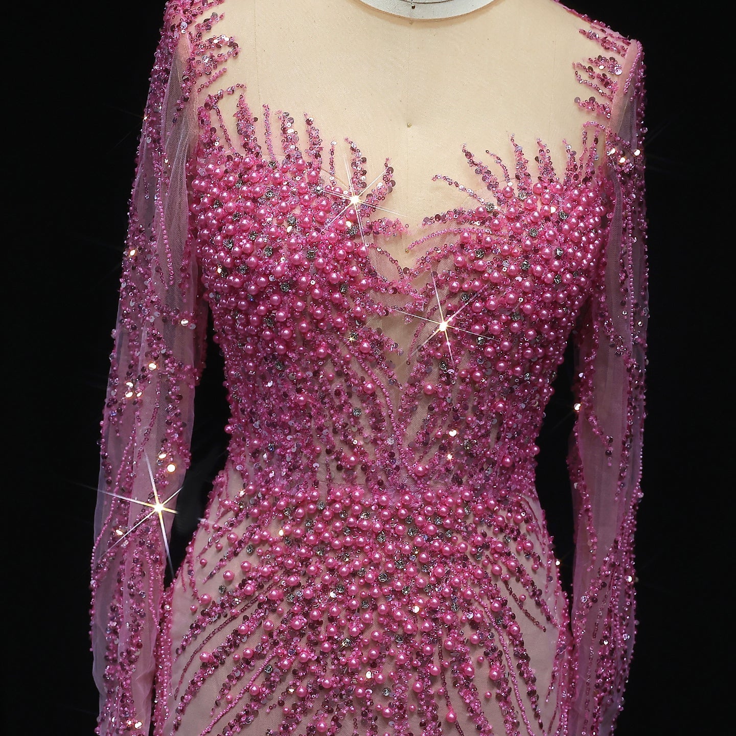 Luxury White Nude Long Sleeves Mermaid Evening Dress SS684