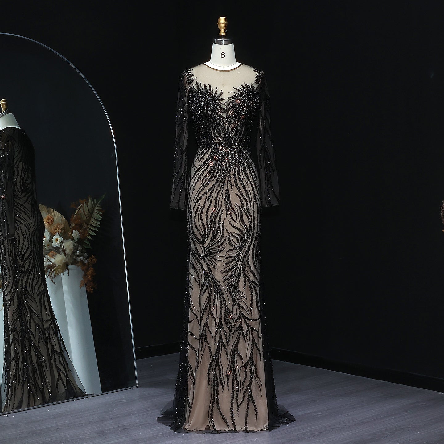 Luxury White Nude Long Sleeves Mermaid Evening Dress SS684  Black Nude / US 16