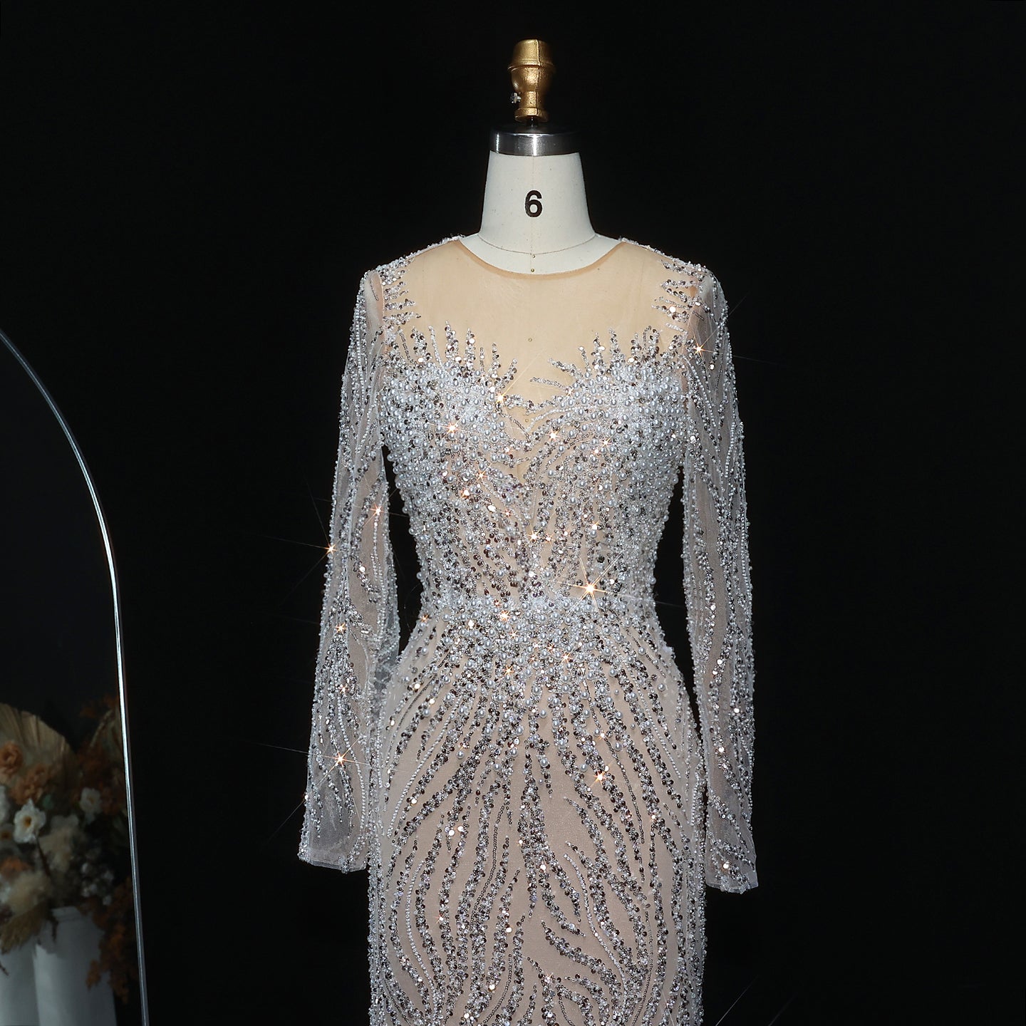 Luxury White Nude Long Sleeves Mermaid Evening Dress SS684