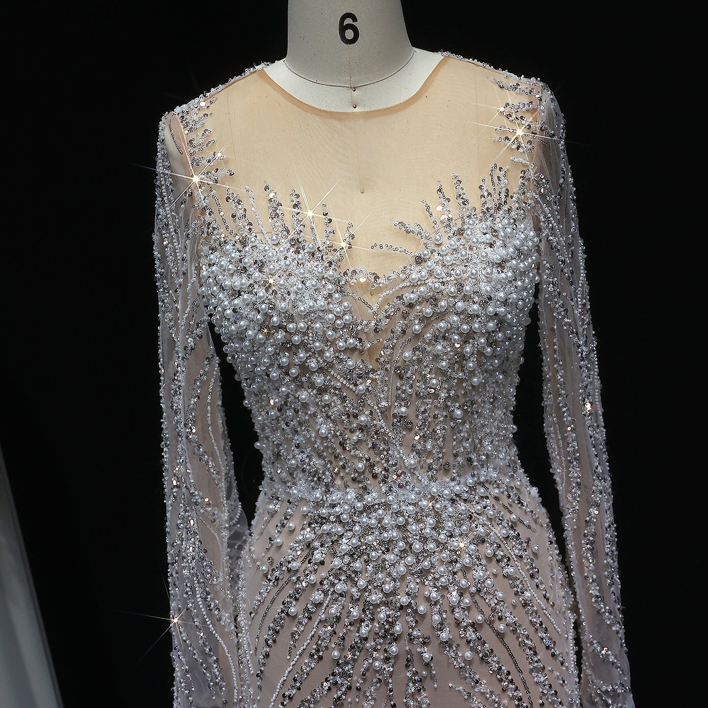 Luxury White Nude Long Sleeves Mermaid Evening Dress SS684