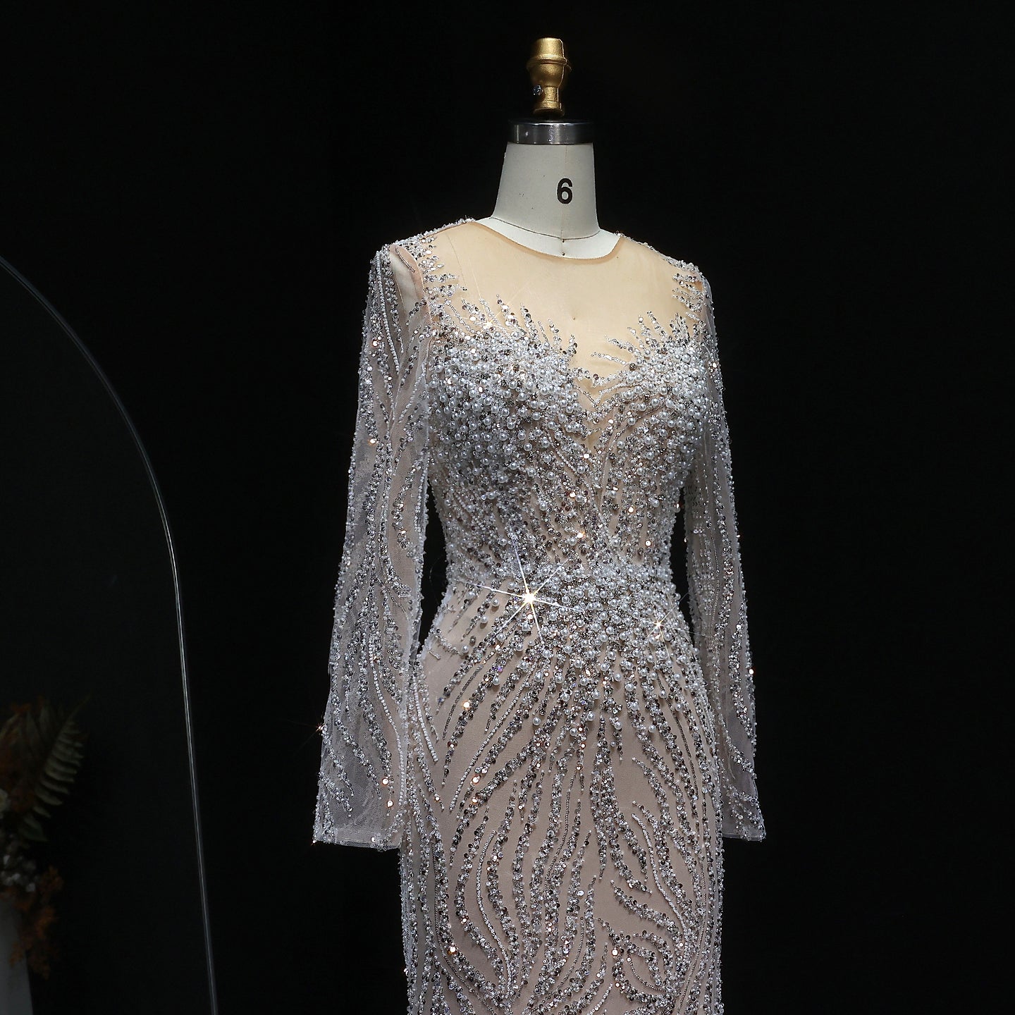 Luxury White Nude Long Sleeves Mermaid Evening Dress SS684