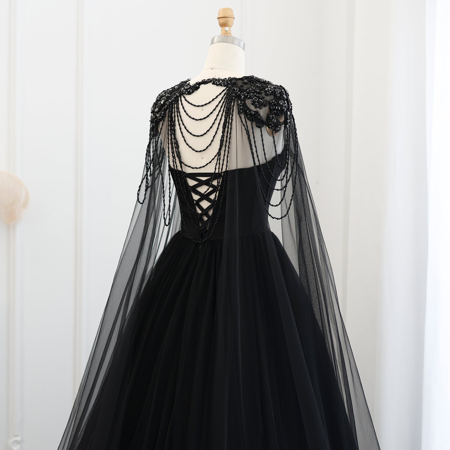 Gothic Black Tulle Evening Dress with Cape Sleeves SS394
