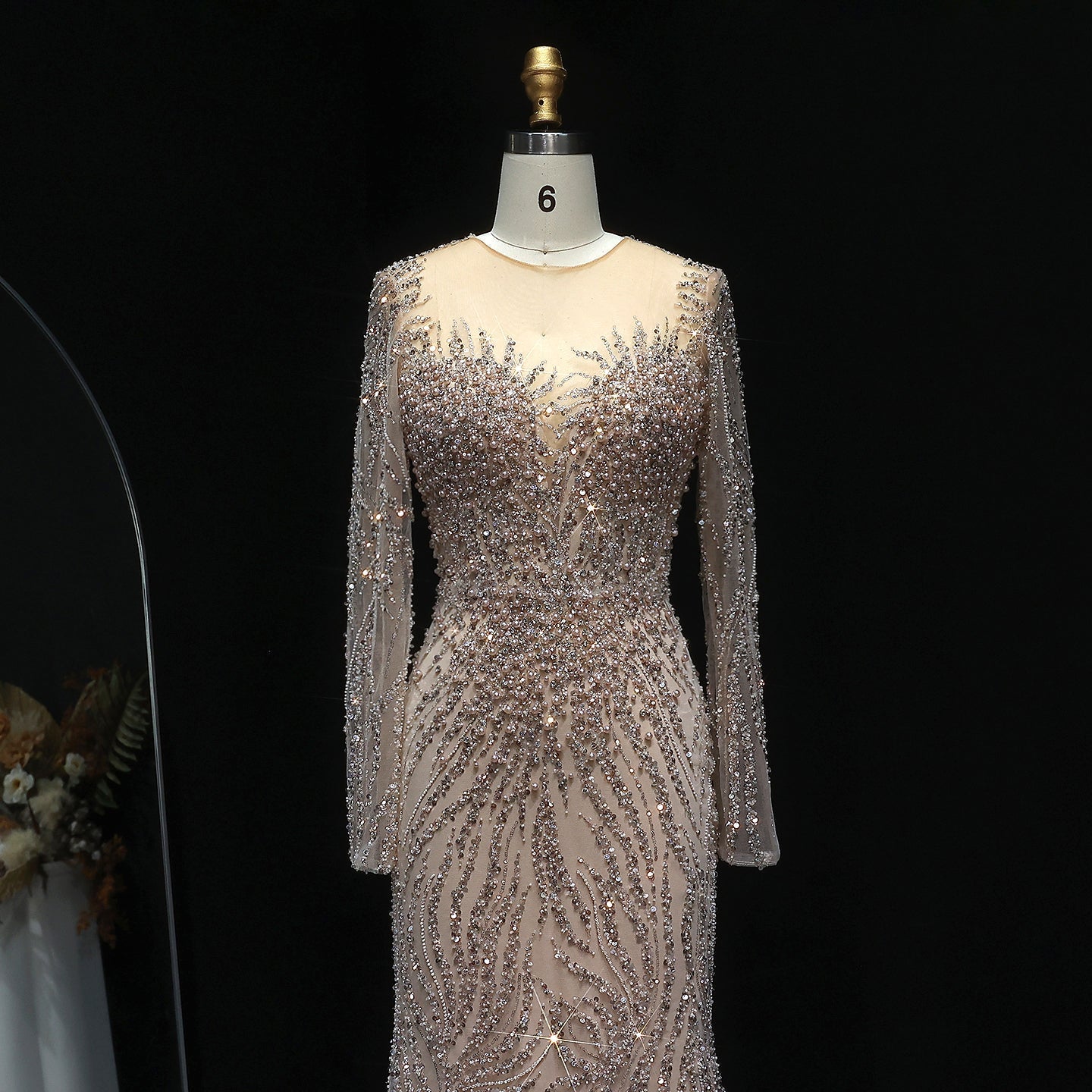 Luxury White Nude Long Sleeves Mermaid Evening Dress SS684